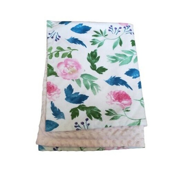 HOMRITAR Baby Blanket Floral Flowers Reversible Pink Minky Dots No Tag 30X38" - Picture 2 of 6